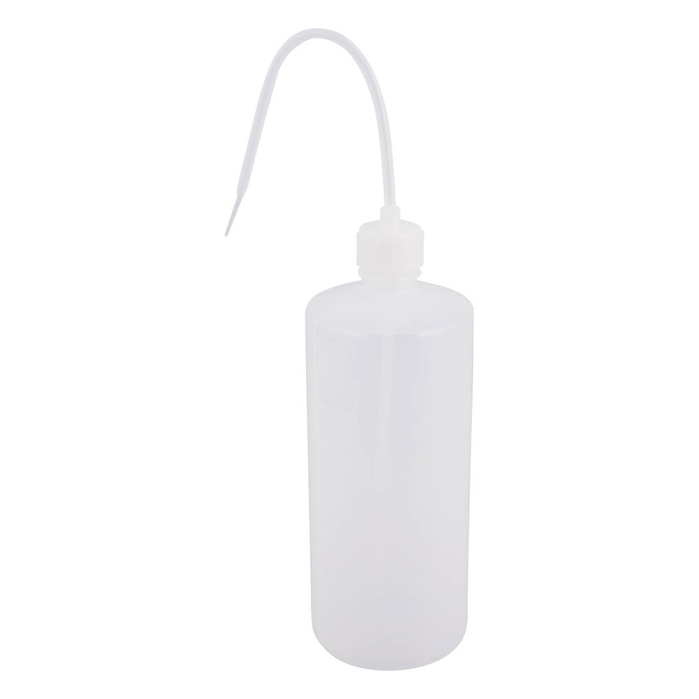 洗浄瓶　BS型　1000mL 透明な洗浄瓶が直立しており、キャップが緩やかに開いている様子。