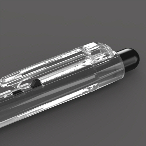 ノック式油性ボールペン　0.7mm　黒　(軸色:クリア)　1セット(100本:10本×10パック) 透明なパッケージに収められたボールペンが整然と並んでいる様子