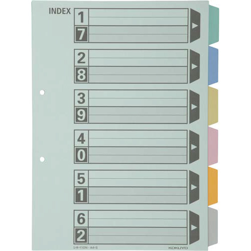 カラー仕切カード　Ａ４縦　２穴　６山　１０組×３画像