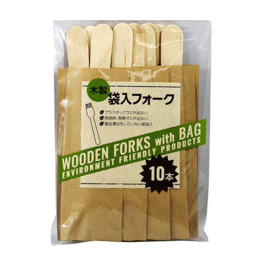 使い捨てフォーク　木製　袋入　10本入　15.8cm　Green　Select画像