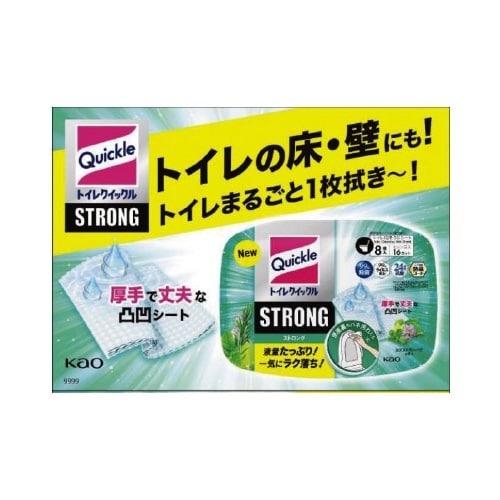 トイレクイックルストロングローズ替24枚 パッケージの前面が明るく照らされ、フタが開けられた状態のシートが見える。