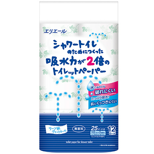 ｴﾘｴｰﾙｼｬﾜｰﾄｲﾚ吸水2倍ﾄｲﾚｯﾄﾍﾟｰﾊﾟｰW芯有25m無香 1ﾊﾟｯｸ(12ﾛｰﾙ)画像