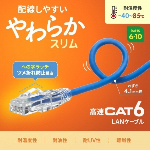 カテゴリ6　LANケーブル(スリム・やわらか・ツメ折れ防止コネクタ)　ブルー　5m　1本 細長い青いケーブルがしなやかに巻かれた状態
