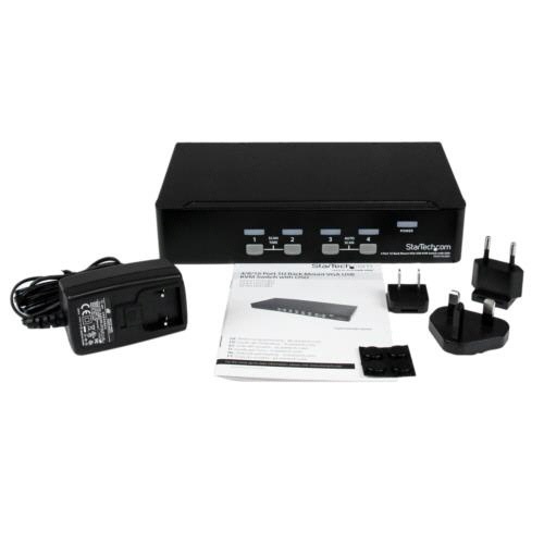 1Uラックマウント対応　4ポート　シングルVGAディスプレイ対応USB接続KVMスイッチ　ブラック　1台 正面から撮影された4ポートKVMスイッチ、VGAポートが明確に視認できる状態。