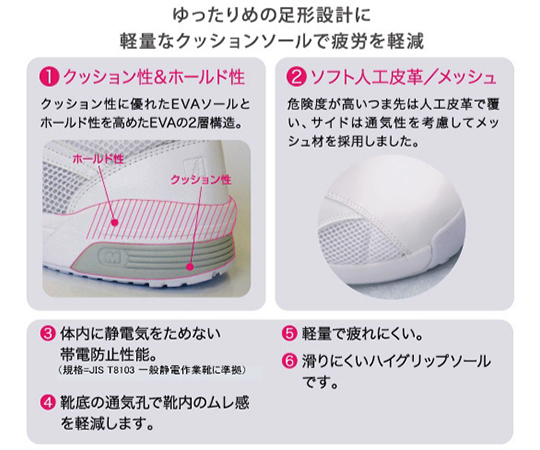 男女兼用 メディカルエレパス 静電作業靴 CSS－300N 静電 ホワイト 26.0cm 白い静電作業靴が正面から見える状態で、つま先にシンプルなデザインが際立つ。