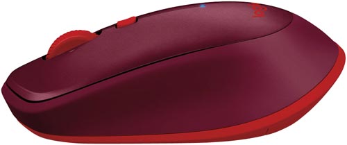 Bluetoothレーザーマウス レッド 赤いレーザーマウスの上面が見える状態、中央にホイールと左右ボタンが配置されている。