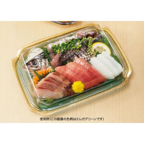 刺身容器 バイオ 華ノ枠 25-19B ゆう箔銀 リスパック 透明な容器に刺身が盛り付けられた状態、銀の模様が施されたデザイン。