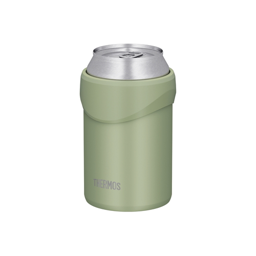 サーモス　保冷缶ホルダー　カーキ 細部まで確認できる角度から撮影された、シンプルなデザインのキャンプ用アイテム