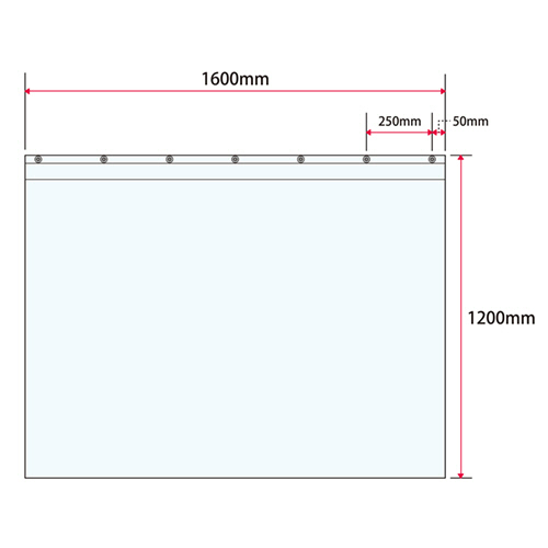 飛沫防止ビニールカーテン　幅1600×高さ1200mm　1枚 透明なビニール素材で構成されたカーテンが垂れ下がる様子、上部に取り付け用のハトメ付き。