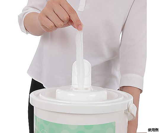 ノンアルコール除菌ウェットティッシュ業務用 本体 1ケース（300枚×6個入） ケースに収められたウェットティッシュの外観、全面には取扱注意の表示がある。