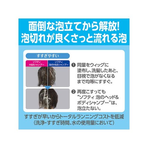 【介護/医療】 ソフティ 泡のヘッドアンドボディシャンプー2L 花王 白いボトルが立てられ、泡立ったシャンプーが見える状態