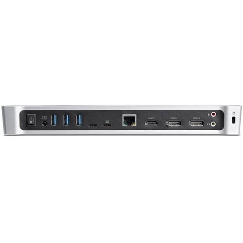トリプル4Kモニター対応USB-Cドッキングステーション　Windows/Mac　USB　PowerDelivery　1台 正面から撮影されたドッキングステーション、ケーブルが接続された様子。