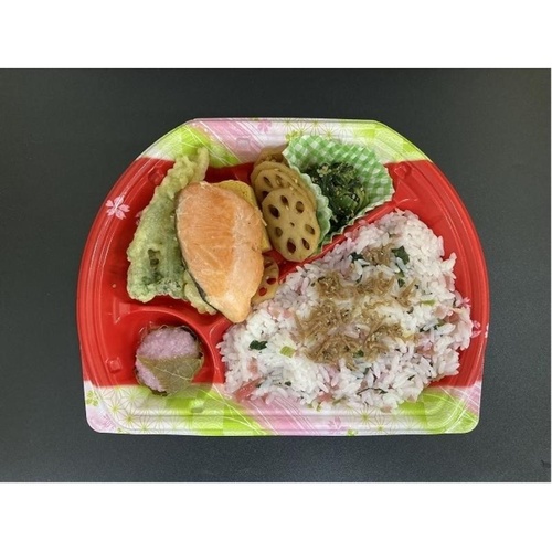 シーピー化成 弁当容器 BFN味音(みおん)32-1 春茜 本体 透明な容器の中に仕切りがあり、蓋が閉じられた状態