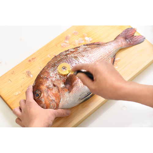 ウロコ取り　大人の焼魚　鱗とり パッケージが斜めから撮影され、鮮やかなデザインが際立つ状態