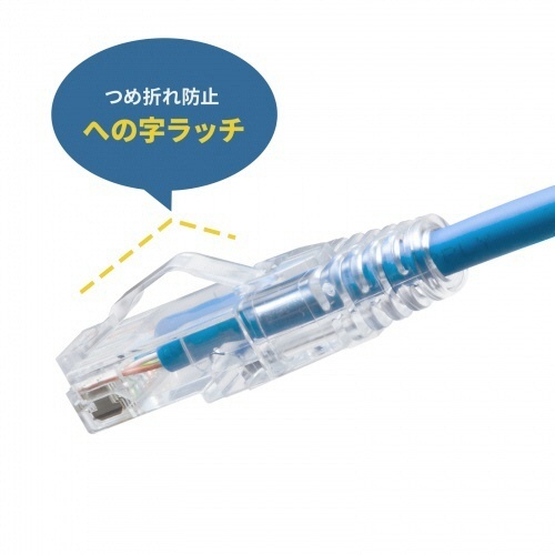 カテゴリ6A　LANケーブル(スリム・やわらか・ツメ折れ防止コネクタ)　ブルー　2m　1本 青いケーブルが全体に映り、根元部分のコネクタが強調されている状態