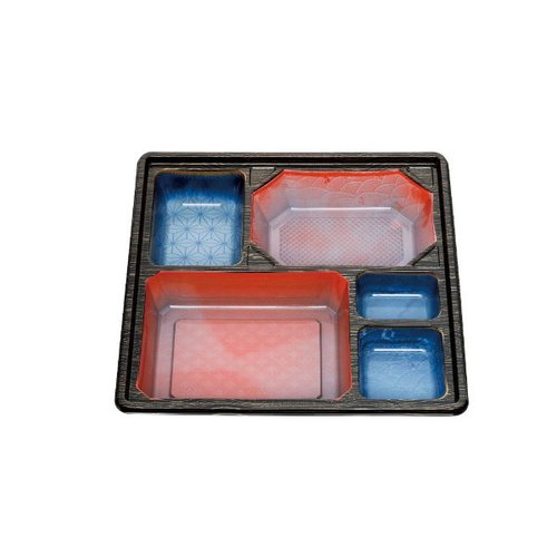 仕出し弁当容器 80-80 福茶 睦月 北斎セット 北原産業 蓋付きで色鮮やかな容器が並ぶ様子