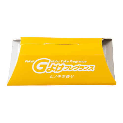忌避剤　Gよけフレグランス　ヒノキの香り 商品パッケージの前面に、木目調のデザインとフレグランスの香りを示すイラストが描かれている。