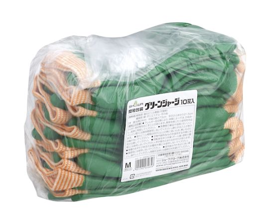 塩化ビニール手袋 まとめ買い 簡易包装グリーンジャージ 10双入 Mサイズ 緑色の手袋が10双入ったパッケージが正面から見える状態