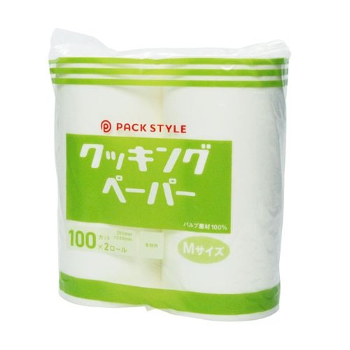食品消耗資材 PSクッキングペーパー Mサイズ 100カット×2ロール パックスタイル 側面から見た2ロール入りパック、透明なフィルムで包まれた状態