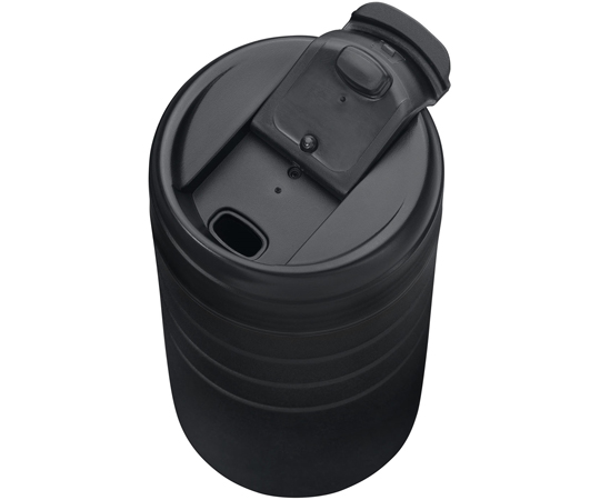 マジョリス サーモマグ 450mL フリップトップ蓋付 ブラック マグカップの上部が開いた状態で、持ち手とフリップトップ蓋が見える様子