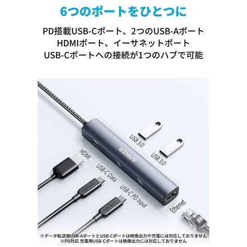 ANKER PowerExpand 6-in-1 USB-C PD イーサネットハブ グレー 1個 本体の正面にポートが並ぶ様子、コネクタの配置が確認できる状態