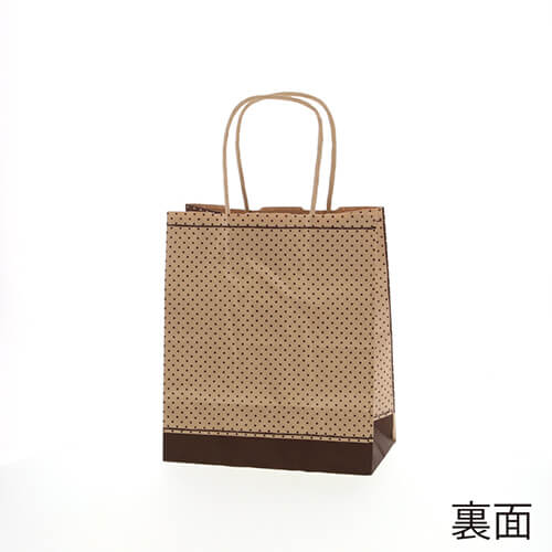手提げ紙袋（ピンドット 黒・丸紐・幅210×マチ120×高さ250mm） 黒地に白いピンドット柄の紙袋が丸紐の持ち手を上にして単体で立てられている様子