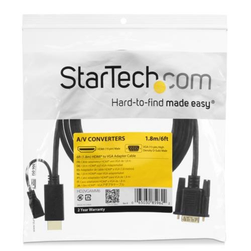 HDMI-VGAアクティブ変換ケーブルアダプタ　1.8m　1920×1200/1080p　1本 ケーブルが暗い背景に置かれ、両端のコネクタがしっかりと見える状態