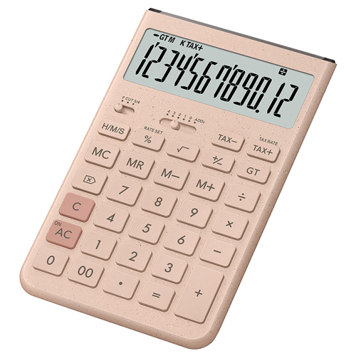 Comfy　デザイン電卓　12桁　ジャストタイプ　グレイッシュピンク　1台 丸みを帯びたデザインの電卓が、柔らかなグレイッシュピンクの色合いで配置されている様子