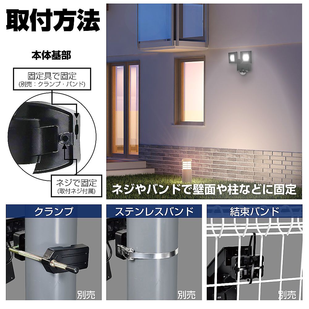 乾電池式　センサーライト 上向きに設置されたセンサーライトが壁に取り付けられている様子