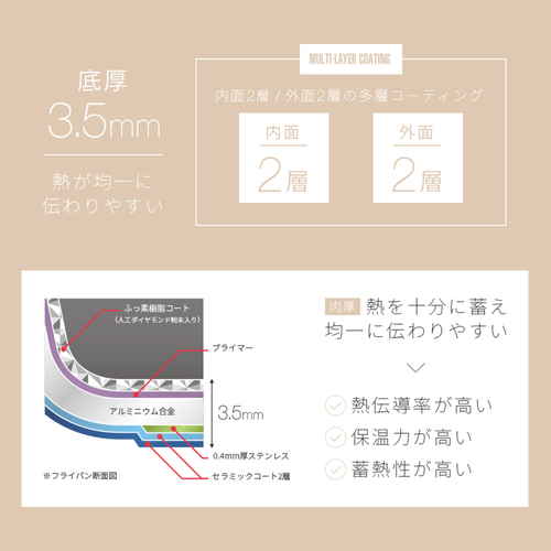 IHダイヤモンドコートフライパン26cm 持ち手付きのフライパンが横向きでテーブルに置かれている様子