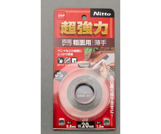超強力両面テープ粗面用薄手20×1.5 パッケージが横向きに置かれ、裏面の説明文が見える状態