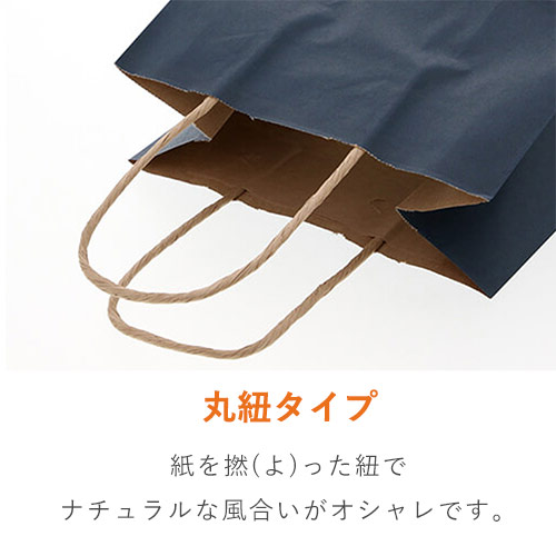 手提げ紙袋（紺・丸紐・幅210×マチ120×高さ250mm） 正面を向き丸紐の持ち手が立った紺色の紙袋が単体で置かれている様子