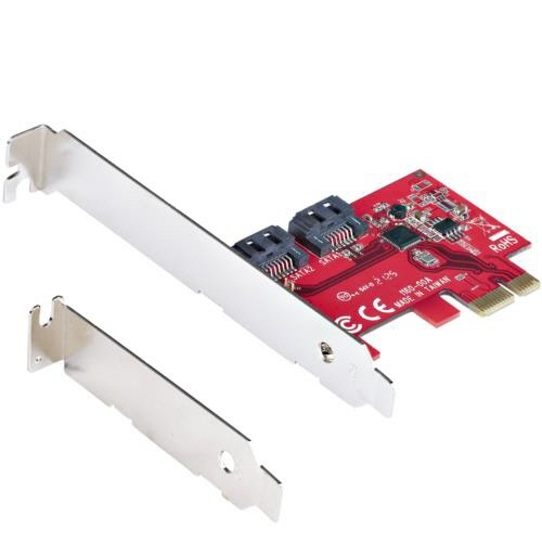 SATA　2ポート増設　PCI　Expressインターフェースカード　1個 白い背景に斜め上から置かれた緑色の基板で、金色のPCIe接点と横並びの2つのコネクタ、取り付け用の金属ブラケットが見える状態