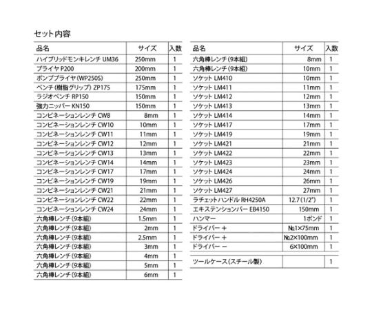工具セット　EBIー2005 両面からの視覚的内容が示されている状態で、様々な大きさの工具が整然と並んでいる様子。