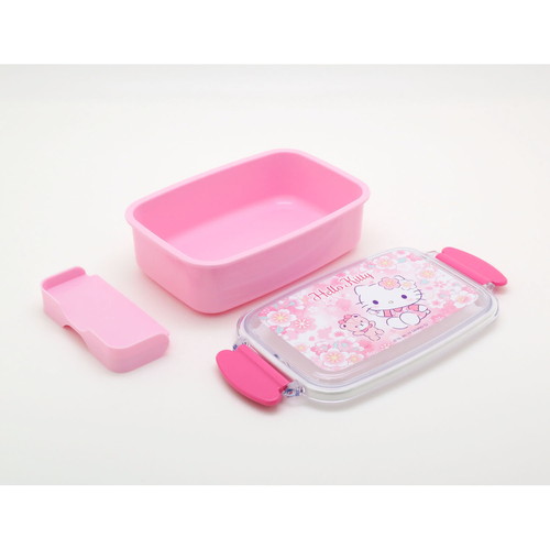 お弁当箱　1段　ハローキティ　サクラ　500ml　仕切り付　ランチボックス　子供 ピンク色のハローキティデザインのお弁当箱が上面から見える状態。