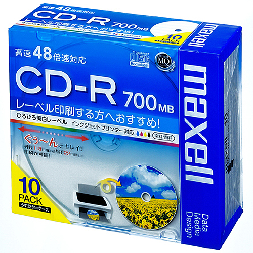 ﾃﾞｰﾀ用CD-R 700MB 2-48倍速 ﾎﾜｲﾄﾜｲﾄﾞﾌﾟﾘﾝﾀﾌﾞﾙ 5mmｽﾘﾑｹｰｽ 1ﾊﾟｯｸ(10枚)