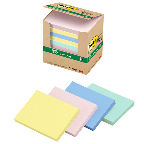 ﾎﾟｽﾄ･ｲｯﾄ ｴｺﾉﾊﾟｯｸ ﾉｰﾄ 再生紙 75×100mm 混色 1ﾊﾟｯｸ(10冊)画像