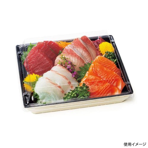 刺身容器 豪華折 18-15B 桐木目黒 リスパック 黒い木目調の折りたたまれたパッケージが整然とした状態で並んでいる様子