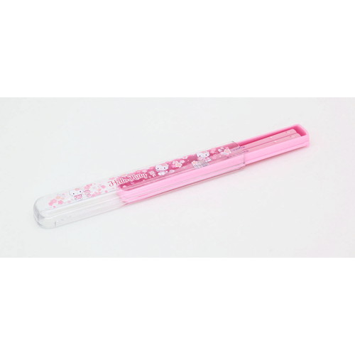 箸箱セット　箸　箸箱　ハローキティ　サクラ　16.5cm　子供 色鮮やかな桜模様がデザインされた箸と箸箱のセット、上面が見える配置。