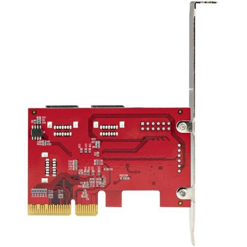 SATA　6ポート増設PCI　Expressインターフェースカード　1個 金属ブラケット付きの緑色基板が斜めに置かれた単体で、6つの直列コネクタと白い電源端子が見える状態