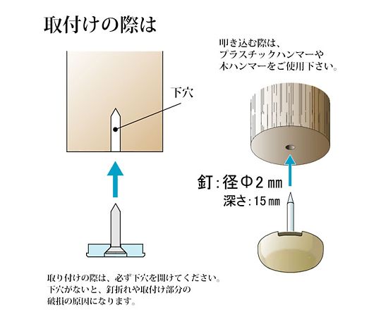 イス脚に打つ！ 打ち込み式スリップ ベージュ 4パック入 パッケージの上面が見える状態で、商品の形状や色合いが確認できる。