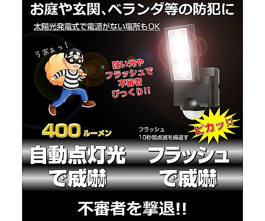 1灯 LEDセンサーライト(ソーラー充電式) 上から見下ろした状態のLEDセンサーライトが、設置用の支柱と共に並んでいる様子。