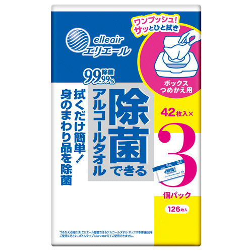 ｴﾘｴｰﾙ除菌できるｱﾙｺｰﾙﾀｵﾙ ﾎﾞｯｸｽ詰替 1ﾊﾟｯｸ(126枚:42枚×3個)画像