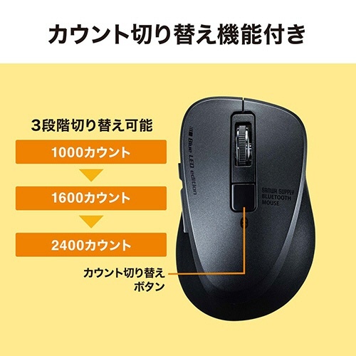 静音Bluetooth5.0　ブルーLEDマウス　5ボタン　ブラック　1個 青色LEDが点灯している横からの視点で、5つのボタンが配置されたマウスの姿。