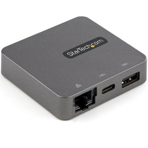 USB-Cマルチアダプタ　4K　HDMI&VGA/10Gbps　USB-A/Cポート/ギガビットL有線LAN　1台 複数のポートが側面に配置されたデバイスの正面図