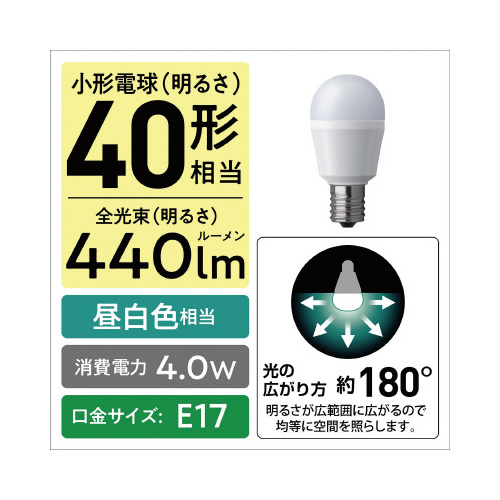 ＬＥＤ小型電球　Ｅ１７　広配光４０形　昼白色