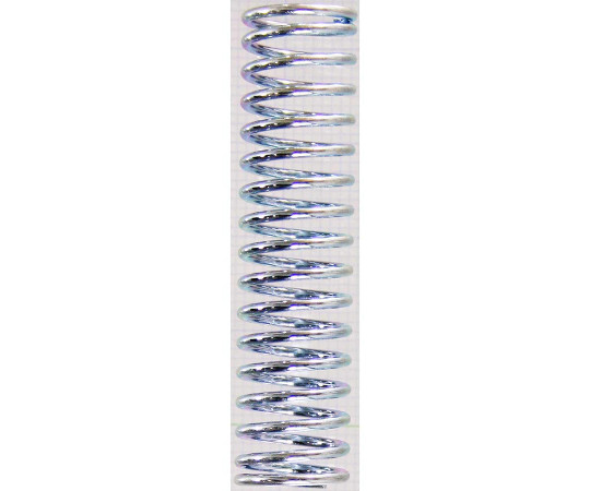 ユニクロメッキ　押バネ　線径1.2mm×外径12mm×自由長50mm 金属的な光沢がある円筒形の押バネが横向きで配置されている様子