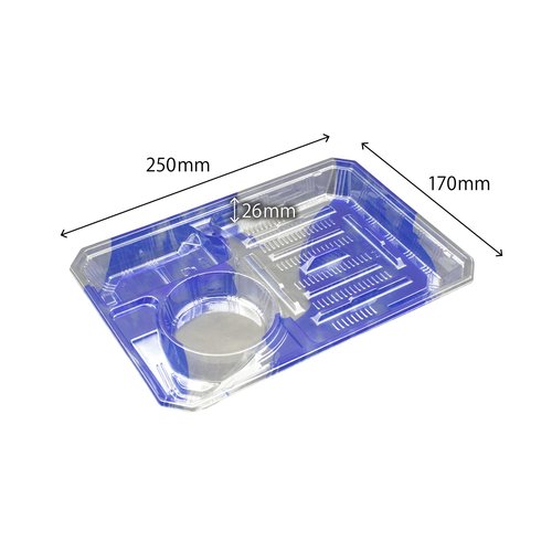 冷麺容器 A-PET 割り子-55 本体 はやて青S リスパック [ケース販売] 透明な青色の容器が横に並ぶ様子