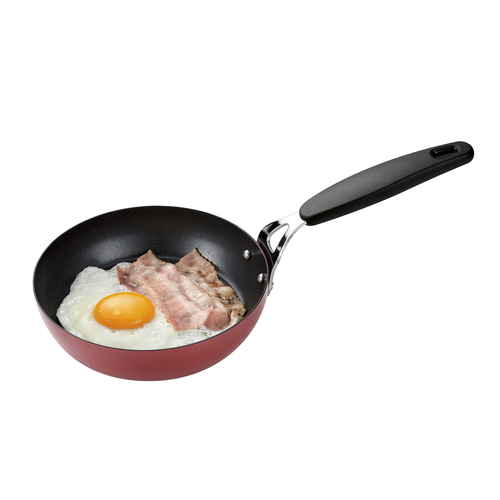 プチッと　IH対応鉄製ガラス蓋付フライパン16cm　ふっ素加工　レッド 鮮やかな赤色のフライパンと透明なガラス蓋が並んでいる様子