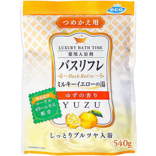 薬用入浴剤ﾊﾞｽﾘﾌﾚ ﾐﾙｷｰｲｴﾛｰの湯 ゆずの香り つめかえ用 540g 1ﾊﾟｯｸ画像
